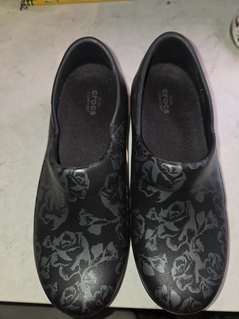 CROCS Women's Black Slip-On Clogs with Gray Floral Print